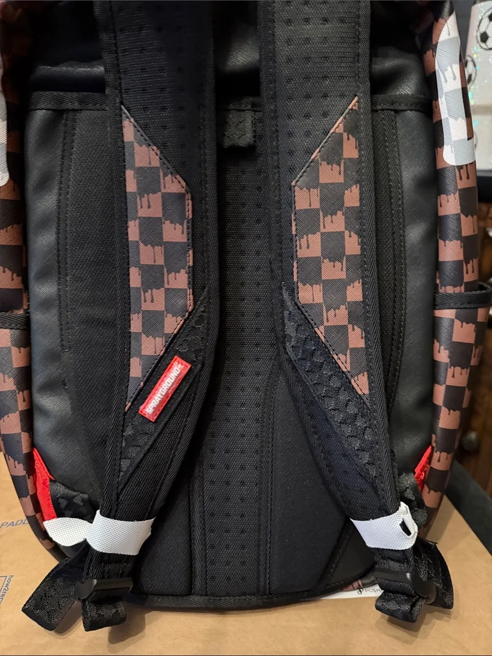 Sprayground Brown & Black Checker Shark Backpack with White Shark Graphic
